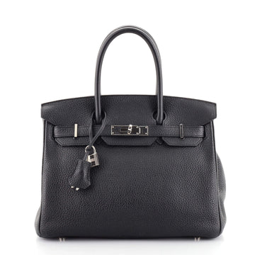 Hermes Birkin Handbag Black Clemence with Palladium Hardware 30