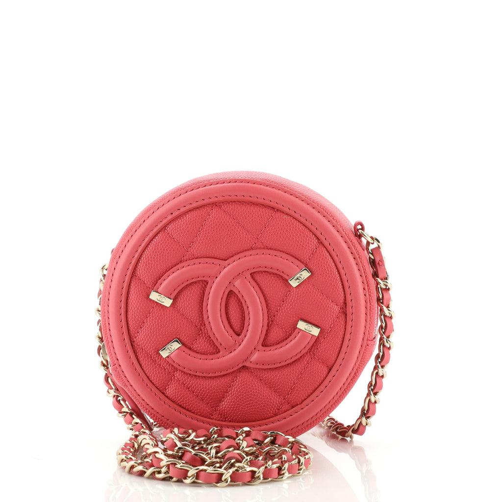 Chanel Filigree Round Clutch with Chain Quilted Caviar Mini Pink 1092616