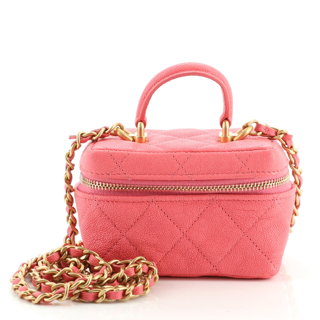Chanel Top Handle Zip Around Vanity Case with Chain Quilted Caviar Mini  Pink 1092618