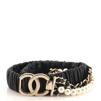 Chanel CC Elastic Belt Leather with Metal and Faux Pearls