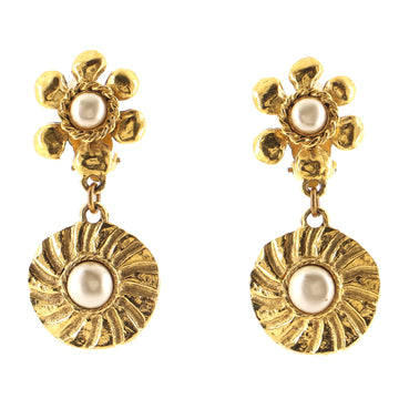 Chanel Vintage Floral Dangling Clip On Earring Earrings Metal with Faux Pearl