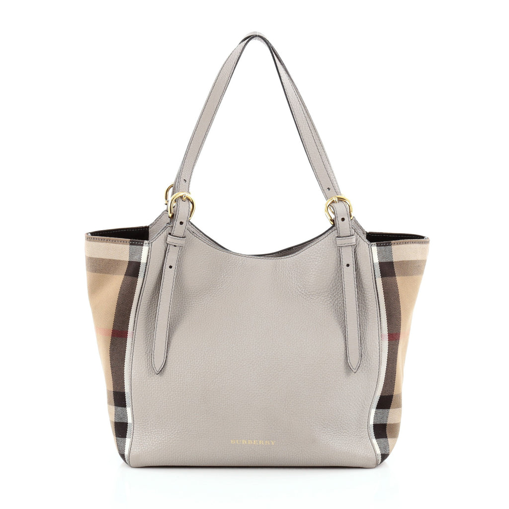 Burberry Canterbury Tote Leather and House Check Canvas Small Gray