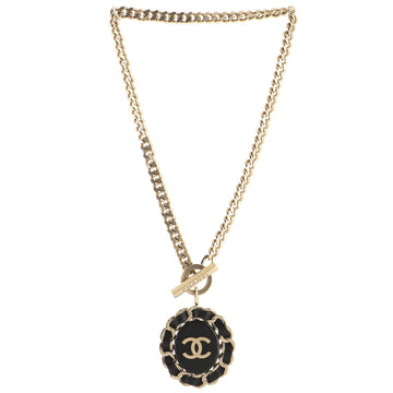 Chanel CC Pendant Choker Necklace Metal and Leather