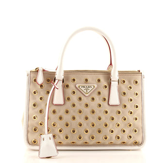 Prada Double Zip Tote Grommet Embellished Canvas with Saffiano Leather