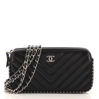 Chanel Double Zip Clutch with Chain Chevron Lambskin with Studded Detail  Black 11032845