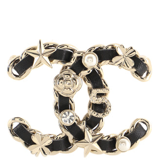 Chanel CC Sergeant Brooch Metal and Leather with Faux Pearls and Crystals