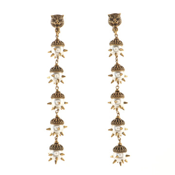 Gucci Feline Clip-On Multi Drop Earrings Metal and Faux Pearls