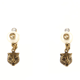 Gucci Feline Drop Clip-On Earrings Metal with Crystals and Faux Pearls