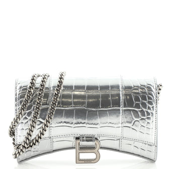 Balenciaga Hourglass Chain Wallet Crocodile Embossed Leather