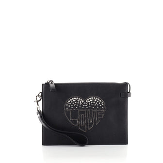 Valentino Love Zip Wristlet Clutch Studded Leather Small