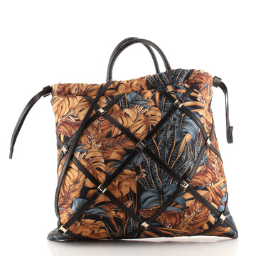 Salvatore Ferragamo Vara Frame Drawstring Tote Printed Nylon with Leather Large