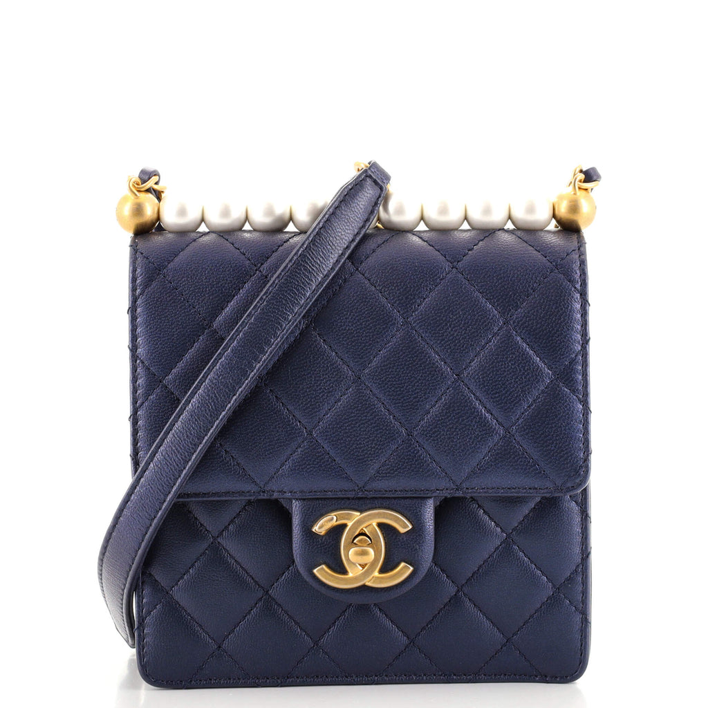 Chanel Chic Pearls Flap Bag Quilted Lambskin Mini Blue 1119231