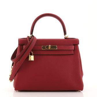 Hermes Kelly Handbag Red Clemence with Gold Hardware 28