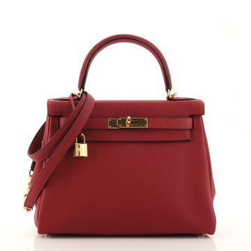 Hermes Kelly Handbag Red Clemence with Gold Hardware 28