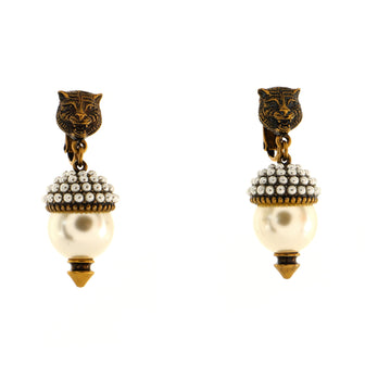 Gucci Feline Drop Earrings Metal and Faux Pearls