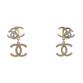 Chanel Triple CC Drop Earrings Crystal and Faux Pearl Embellished Metal