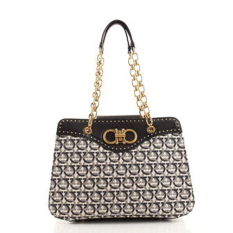 Salvatore Ferragamo Chain Shoulder Bag Gancini Jacquard with Studded Leather Medium