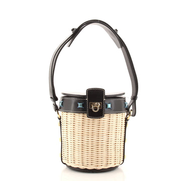 Salvatore Ferragamo Gancini Drawstring Bucket Bag Wicker with Studded Leather Small