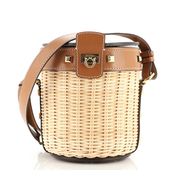 Salvatore Ferragamo Gancini Drawstring Bucket Bag Wicker with Studded Leather Small