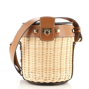 Salvatore Ferragamo Gancini Drawstring Bucket Bag Wicker with Studded Leather Small