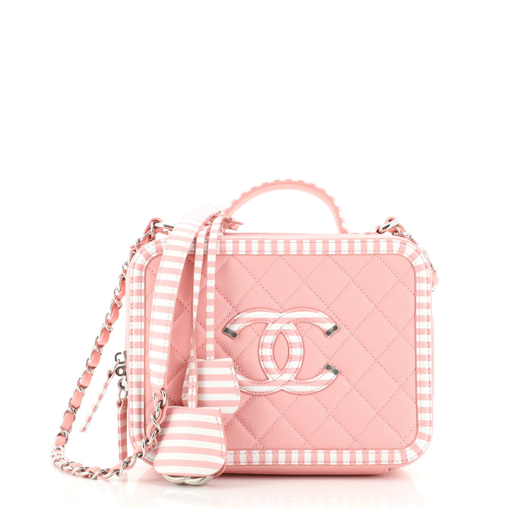 Chanel - Pink Striped Caviar Leather Filigree Vanity Small