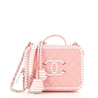 CHANEL White CC Filigree Vanity Case Shoulder Bag Quilted Striped Caviar  Leather