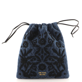Prada Corsaire Drawstring Pouch Embroidered Quilted Denim Small