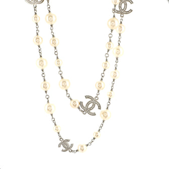 Chanel CC Long Necklace Faux Pearls and Crystal Embellished Metal