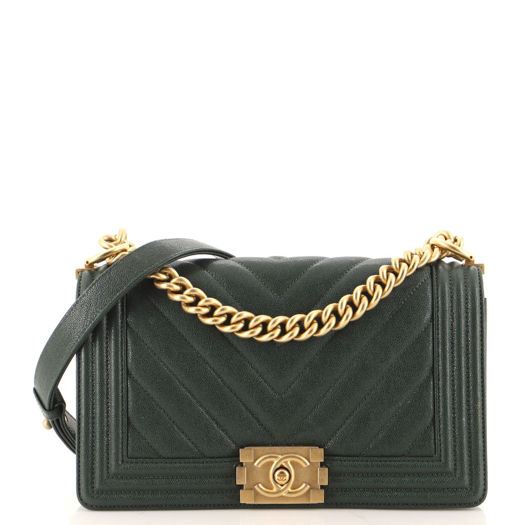 Chanel Boy Flap Bag Chevron Caviar Old Medium Green 1122434