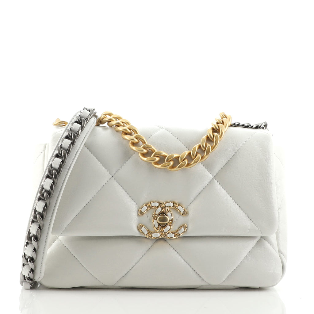 White Quilted Goatskin Medium 19 Flap Brushed Gold and Silver Hardware, 2022