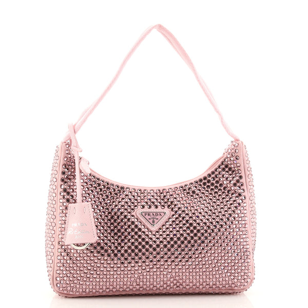 Prada Re-Edition 2000 Hobo Crystal Embellished Satin Mini Pink 1123476