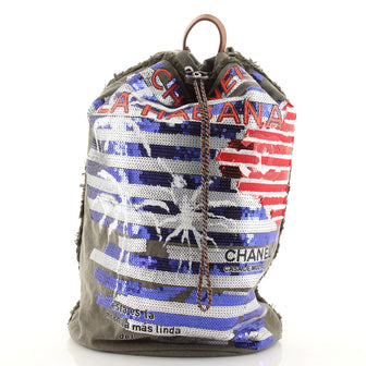 Chanel Cuba La Habana Drawstring Backpack Sequin Embellished Canvas Large