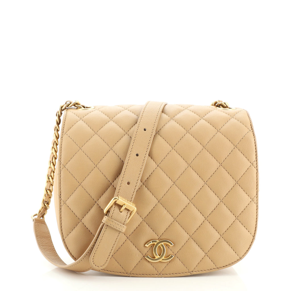 Chanel CC Full Flap Saddle Messenger Quilted Calfskin Small Neutral 1128161