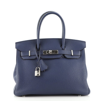 Hermes Birkin Handbag Blue Clemence with Palladium Hardware 30