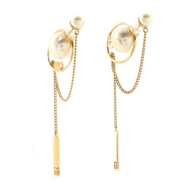 Christian Dior Tribales Logo Dangle Chain Earrings Metal with Faux Pearls
