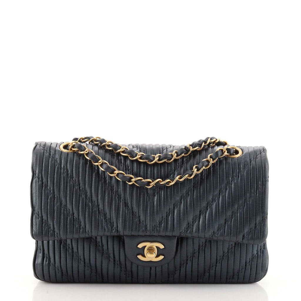 Chanel Coco Pleats Classic Double Flap Bag Pleated Crumpled Calfskin Medium  Blue 11333810
