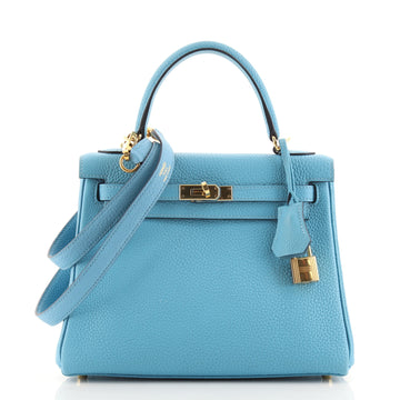 Hermes Kelly Handbag Blue Clemence with Gold Hardware 25