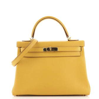 Hermes Kelly Handbag Yellow Evercolor with Gold Hardware 32
