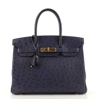 Hermes Birkin Handbag Blue Ostrich with Gold Hardware 30