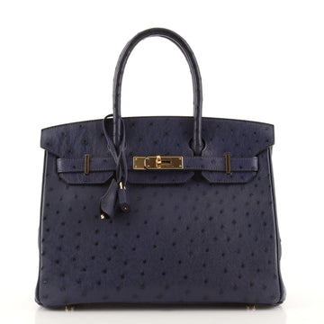 Hermes Birkin Handbag Blue Ostrich with Gold Hardware 30