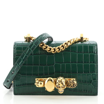 Alexander McQueen Jewelled Flap Satchel Crocodile Embossed Leather Small