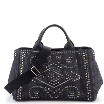 Prada Canapa Convertible Tote Rhinestone Embellished Denim Large