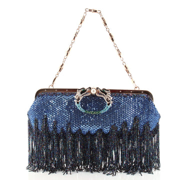 Gucci Fringe Jeweled Dragon Chain Clutch Crystal Embellished Satin