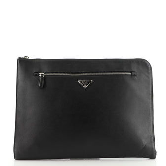 Prada Logo Zip Pocket Pouch Saffiano Leather Large