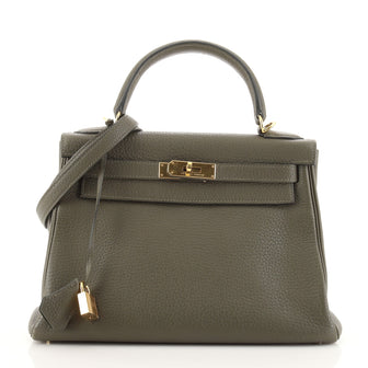 Hermes Kelly Handbag Green Clemence with Gold Hardware 28