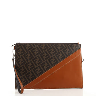 Fendi Zip Flat Wristlet Pouch Zucca Canvas and Leather Medium