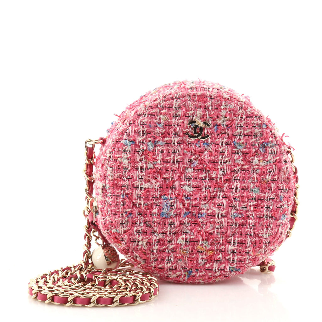 Chanel Charm Round Clutch with Chain Quilted Tweed Pink 11434922