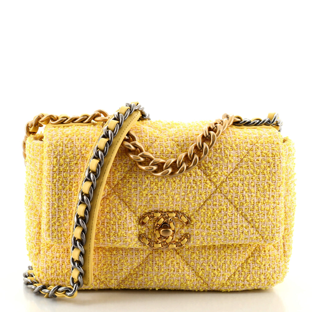 Chanel 19 Flap Bag Quilted Tweed Medium Yellow 1143563