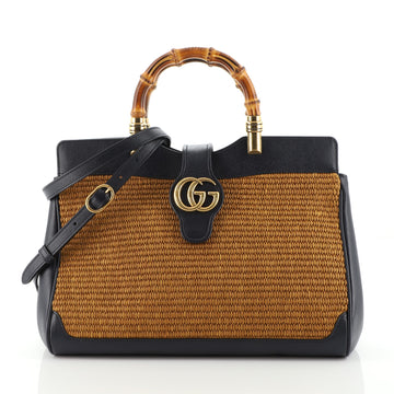 Gucci Dahlia Bamboo Top Handle Tote Straw and Leather Medium
