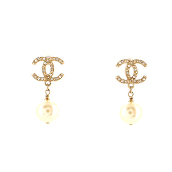 Chanel CC Dangle Earrings Crystal Embellished Metal with Faux Pearls
